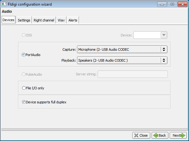 Fldigi audio devices